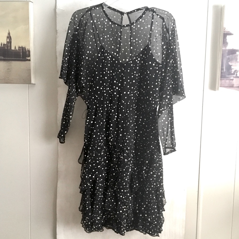 Black/White Betsy & Adam polka-dot sheer layered slip dress w/ruffles. S: 4